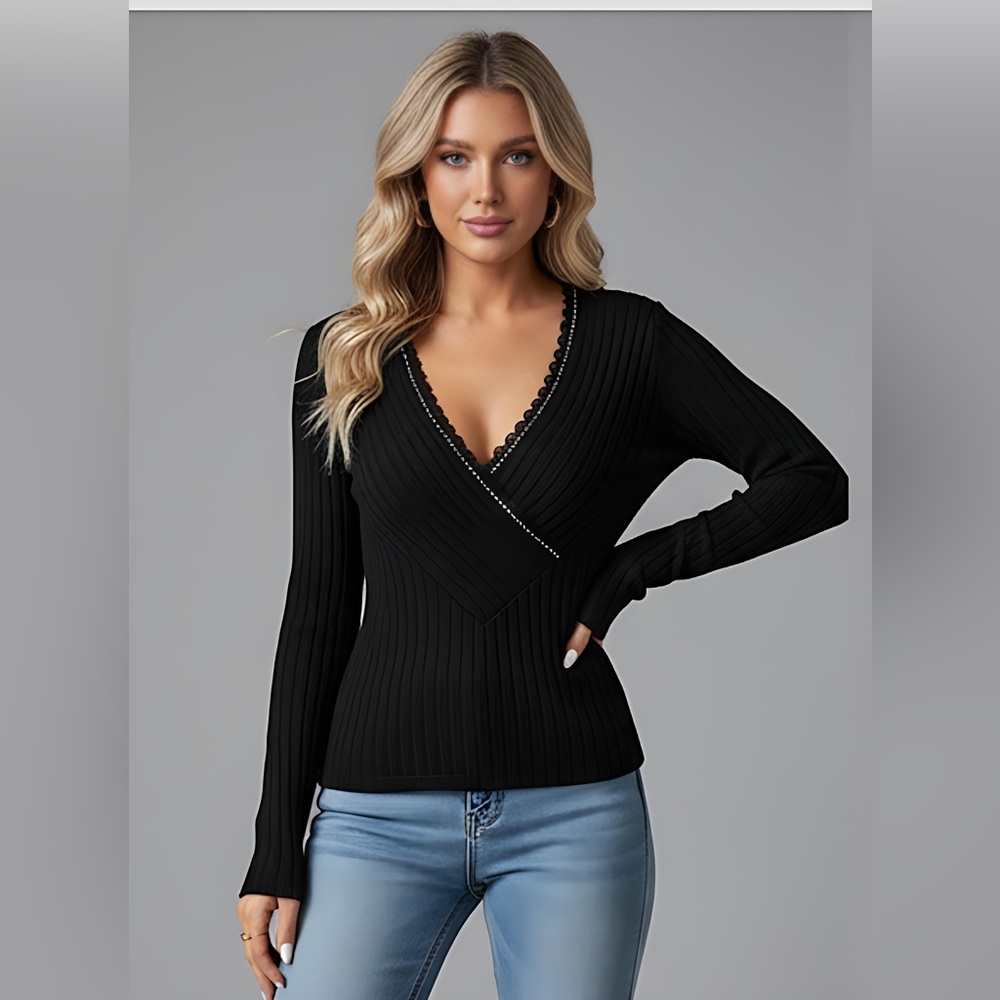 Black Ribbed Long Sleeve Rhinestone Knit - Picture 3 of 9